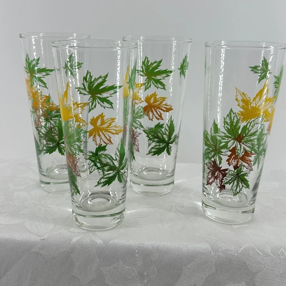Vintage Maple Leaf Fall Tall Tumblers Clear Green Yellow Brown Set 4 Salem MCM